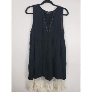 Umgee Lace-Up Neck Black Lace Hem Sleeveless Dress